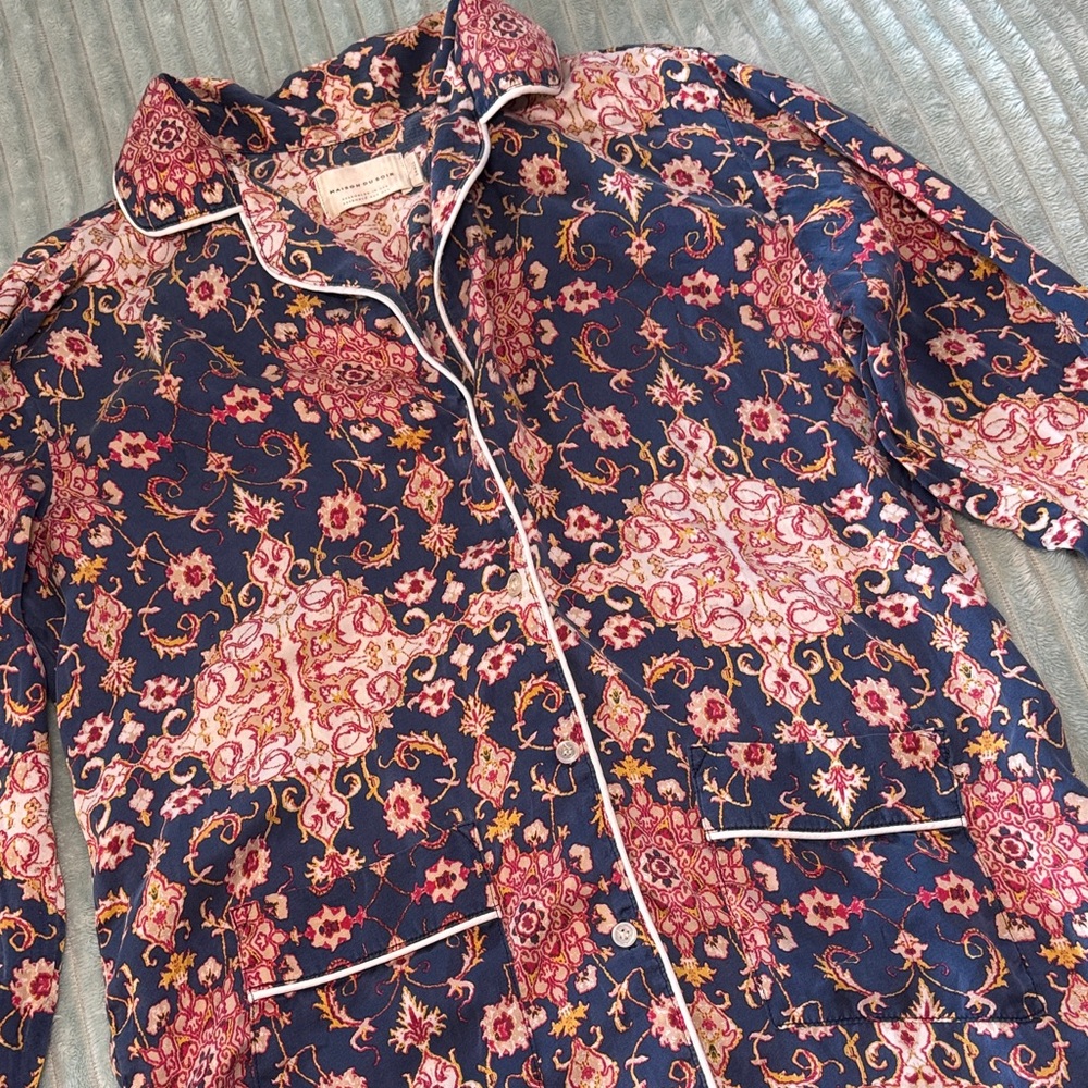 Maison Du Soir Silk Cotton‎ Blend Sleep Blouse - Floral Blue/Pink - Used, S